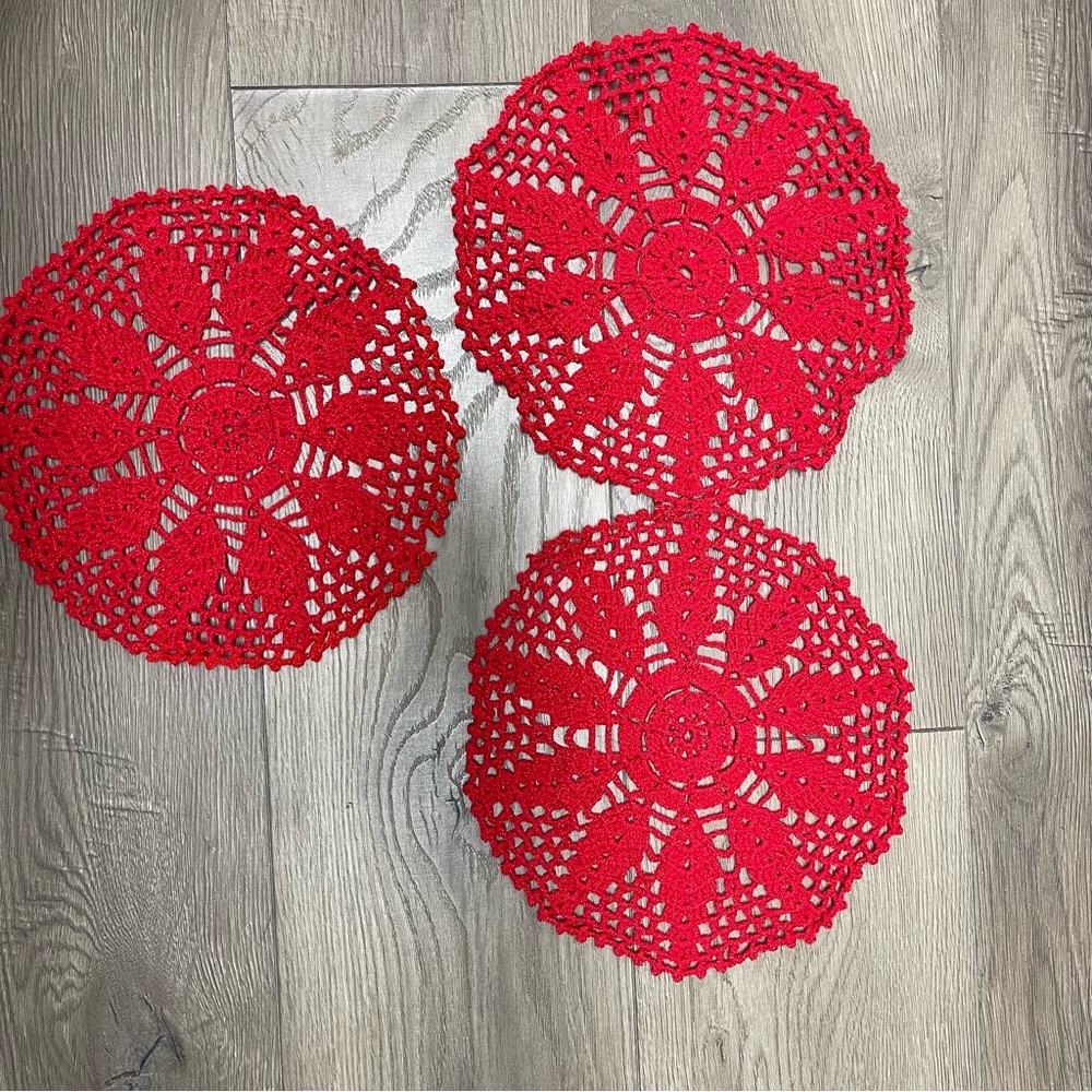 Set of 3 Red Hand Crochet Lace Doilies Table Placemats Runners Farmhouse
